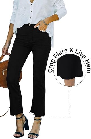 جينز متوهج للنساء جينز قصير قابل للتمدد متوسط ​​الارتفاع من الأسفل جينز نسائي قصير متوهج مع حاشية خام in Kuwait