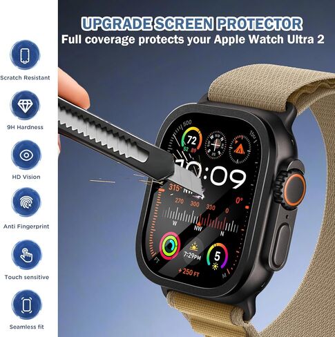 2 حزمة متوافقة مع Apple Watch Ultra/Ultra 2 حامي الشاشة 49 مم واضحة ، تغطية كاملة 9H Film Glass Protection Film مع إطار سبيكة التيتانيوم لـ IWatch Ultra 49mm-tittanium+Black in Kuwait