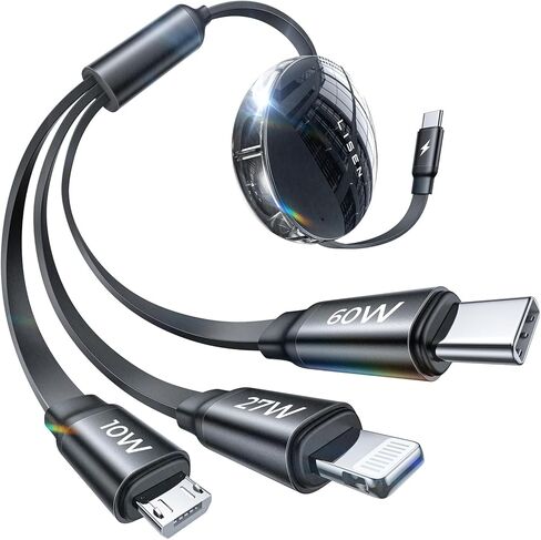 LISEN 60W Multi Charging Cable, Travel 3 in 1 Retractable Phone Charger Cord iPhone, Retractable Charging Cable with Type C/Lightning/Micro USB Ports for Samsung, iPhone, iPad, Kindle, Tablets in Saudi Arabia