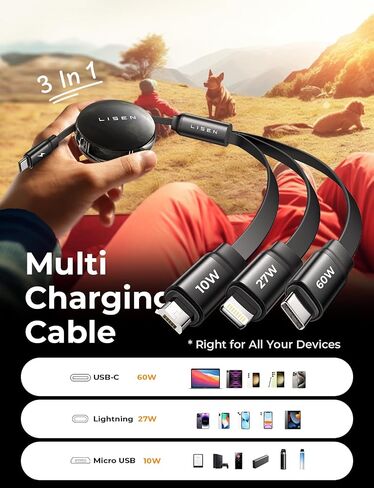 LISEN 60W Multi Charging Cable, Travel 3 in 1 Retractable Phone Charger Cord iPhone, Retractable Charging Cable with Type C/Lightning/Micro USB Ports for Samsung, iPhone, iPad, Kindle, Tablets in Saudi Arabia