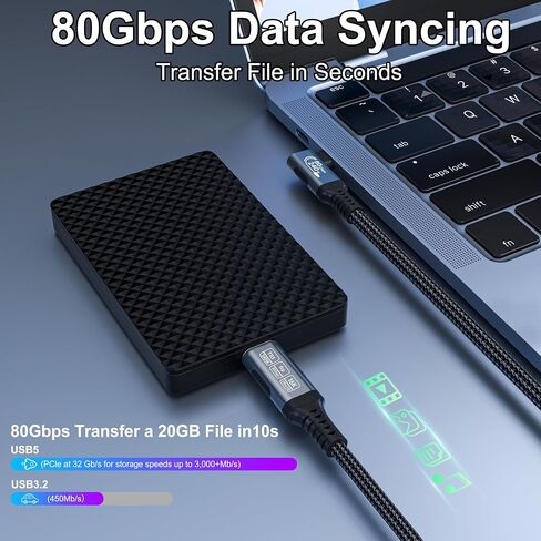 240W 80GBPS USB C كابل متوافق مع Thunderbolt 5 زاوية اليمنى 6.6 قدم ، 90 درجة كابل USB C ، 8K/16K 60Hz Cable USBC Cable لـ Thunderbolt 4 ، USB C Video in Kuwait