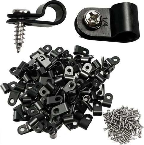 100PCS 1/4 Inch P-Style Rope Light Mounting Clips with Stainless Steel Screws, Black Plastic Cable Clips for Wire Management, Perfect for Indoor and Outdoor String Lights in Kuwait