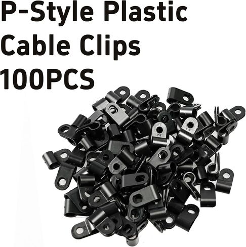100PCS 1/4 Inch P-Style Rope Light Mounting Clips with Stainless Steel Screws, Black Plastic Cable Clips for Wire Management, Perfect for Indoor and Outdoor String Lights in Kuwait