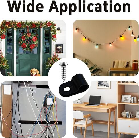 100PCS 1/4 Inch P-Style Rope Light Mounting Clips with Stainless Steel Screws, Black Plastic Cable Clips for Wire Management, Perfect for Indoor and Outdoor String Lights in Kuwait