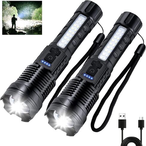 Flashlight High Lumens Rechargeable 2 Packs, 1,000,000 Lumens Super Bright LED Battery Powerful Handheld Flashlights with 7 Modes, COB Side Light, USB C, Zoomable, Waterproof for Emergencies in Saudi Arabia