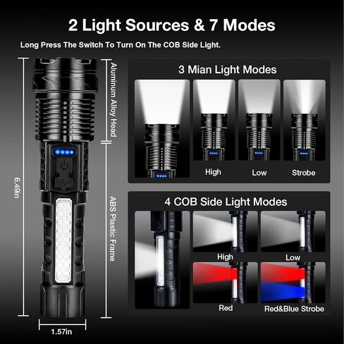 Flashlight High Lumens Rechargeable 2 Packs, 1,000,000 Lumens Super Bright LED Battery Powerful Handheld Flashlights with 7 Modes, COB Side Light, USB C, Zoomable, Waterproof for Emergencies in Saudi Arabia
