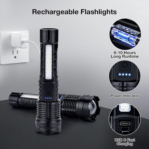 Flashlight High Lumens Rechargeable 2 Packs, 1,000,000 Lumens Super Bright LED Battery Powerful Handheld Flashlights with 7 Modes, COB Side Light, USB C, Zoomable, Waterproof for Emergencies in Saudi Arabia