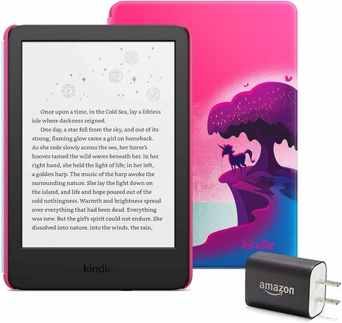 Kindle Kids Essentials Bundle including Kindle Kids (2022 release), Kids Cover - Unicorn Valley, Power Adapter, and Screen Protector in Saudi Arabia