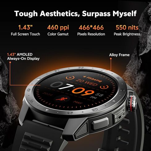 Military Smart Watches for Men Built-in GPS, 1.43" AMOLED Screen with Compass, Altitude, Barometer, 3ATM Waterproof, Answer/Make Call, Fitness Tracker with Health Monitor for Android iOS in Kuwait