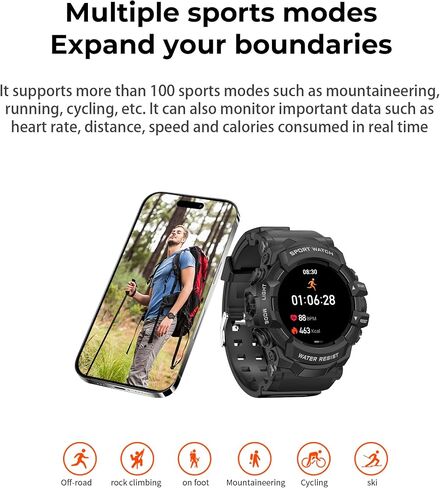 ساعة Middow Military Smart Watch مع مصباح يدوي (إجابة/إجراء مكالمة) ، بوصلة ، معدل ضربات القلب/النوم/الرياضة ، IP68 مقاوم للماء ، عمر بطارية طويل ، شاشة HD ، Android و IOS (أسود) in Kuwait