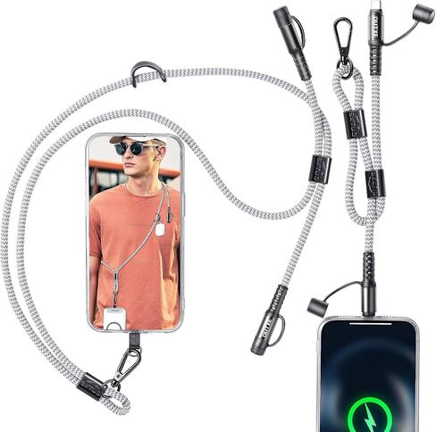 OUTXE Charging Lanyard for iPhone 15/16 Series, Adjustable Crossbody/Neck Phone Chain Wrist Cell Phone Strap Kit, 2 Pack Type C Cable Lanyard with 4 Patches - Grey in Saudi Arabia