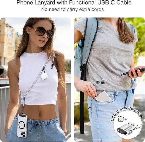 OUTXE Charging Lanyard for iPhone 15/16 Series, Adjustable Crossbody/Neck Phone Chain Wrist Cell Phone Strap Kit, 2 Pack Type C Cable Lanyard with 4 Patches - Grey in Saudi Arabia