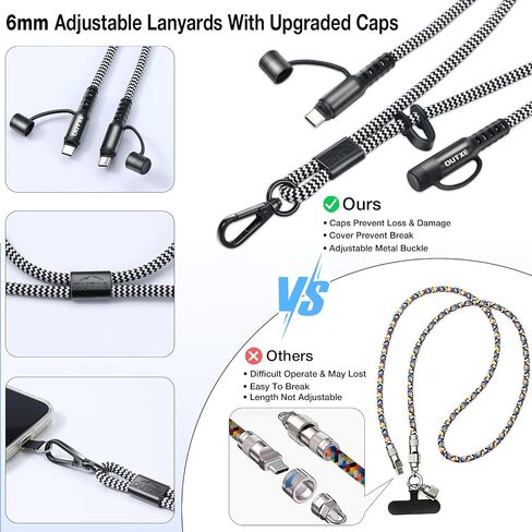 OUTXE Charging Lanyard for iPhone 15/16 Series, Adjustable Crossbody/Neck Phone Chain Wrist Cell Phone Strap Kit, 2 Pack Type C Cable Lanyard with 4 Patches - Grey in Saudi Arabia