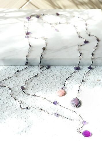 AeraVida Long Lariat Wrap Multi-Wear Pink Glass & Purple Mix Stones Beaded Necklace | Long Beaded Wrap Necklace for Women | Purple and Pink Bead Necklaces | Cotton Wrap Rope Necklace in Saudi Arabia