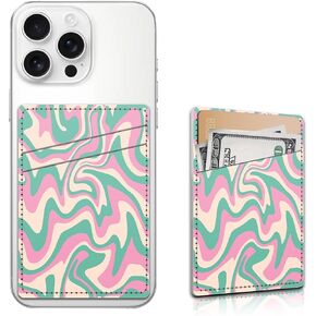 Card Holder for Phone Case, Leather Cell Phone Wallet, Wallet Sleeve Dual Pocket Stick-on ID Credit Card for Most Phones, Green Boho Landscape