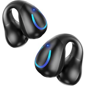 Open Ear Bone Conduction Headphones Wireless Bluetooth 5.3 Clip On Earbuds with Digital Display Charging Case Mini Sport Earphones Built-in Mic IPX7 Waterproof for Running Fitness Black