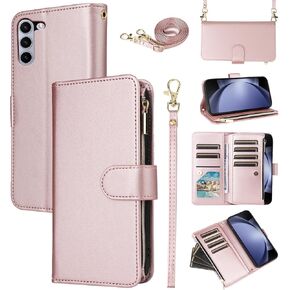 Wallet Case for Samsung Galaxy Z Fold 2 5G 2020 with Wrist Strap Crossbody Shoulder Strap Zipper Flip Purse Card Holder Slots Protector Stand Phone Cover ZFold2 Z2 Fold2 ZFold25G Girls Black
