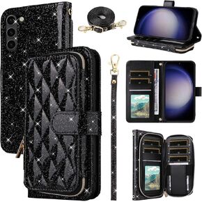Wallet Case for Samsung Galaxy Z Fold 5 5G 2023 with Wrist Strap,Crossbody Shoulder Strap,9+ Card Slots Zipper Purse,Luxury PU Leather Stand Cell Phone Cover for ZFold5 Z5 G Fold5 5Z Black