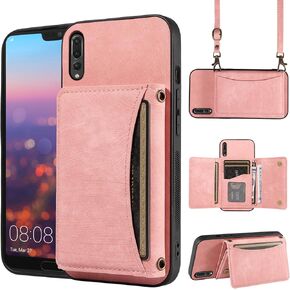 Phone Case for Huawei P20 Pro Wallet Cover with Crossbody Shoulder Strap and Leather Credit Card Holder Pocket Slim Stand Cell Accessories Hawaii P 20Pro 20 P20pro Girls Women Pink