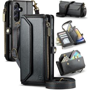 Crossbody Wallet Case Compatible with Samsung Galaxy A25 5G RFID Blocking Card Holder Soft PU Leather Magnetic Snap Shoulder Strap Zipper Pocket Phone Case Fit for Galaxy A25 6.5" - Wine Red