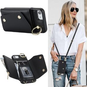 for iPhone 16e (Not 16) Case for Women, Crossbody Wallet with Card Slot Lanyard Wrist Strap Shockproof Purse Kickstand Cover for Apple 16E.Crossbody Black