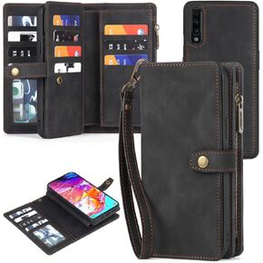 متوافق مع Samsung Galaxy A70 Wallet Case Case حامل بطاقة معصم الحبل والجلد متعدد الوظائف 2in 1 غطاء خلايا الهاتف المغناطيسي القابلة للفصل لغطاء A 70S 70 70A S70 نساء الرجال الأسود