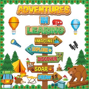 Camping Bulletin Board Classroom Decoration Colorful Camping Adventure Signpost Bulletin Board Set Supplies Camper Camping Tent Forest Cutouts Decoration for Summer Back to School Wall Door Decor