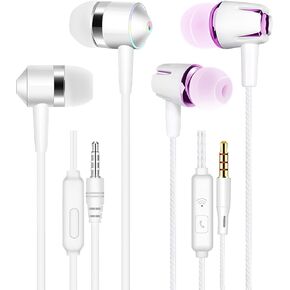 2-Pack Wired Earbuds with Microphone – Heavy Bass in-Ear Headphones, 3.5mm Plug, Call/Music Controls, 3.9ft Cord, 1 White & 1 Rose Red, Compatible with Android, MP3, PC, Tablet