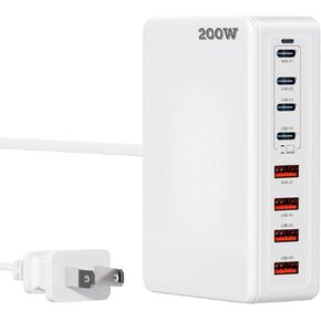 USB C Fast Charger 200W GaN IV 8 Port USB C Charging Station USB Charger Block Portable Wall Charger Power Strip,PD 65W Laptop Charger for i-Pad i-Phone 16/15/14/13/12 Pro Max Galaxy Pixel LG