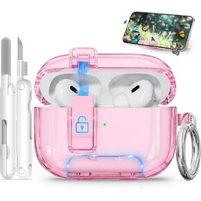 for AirPods Pro 2 Case with Phone Stand & Secure Lock, Auto-Open Clear Cover Compatible with Apple AirPods Pro 2nd/1st Gen (2023,2022,2019) with Cleaning Kit & Keychain (Clear White)
