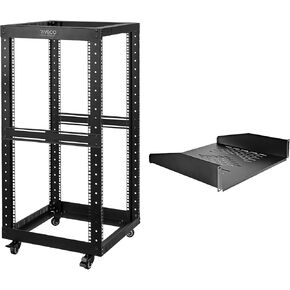 RIVECO 22U Open Frame Server Rack 19-inch Stereo Rack Rolling Network Shelf Black & 2U 18" Depth Rack Shelf 1 PCS