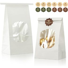 50 Pieces Bakery Bags with Window Kraft Paper Bags Tin Tie Tab Lock Bags and 60 Pieces Lovely Handmade Label Seal Stickers Window Bags Coffee Bags Cookie Bags Treat Bags (White,Medium)