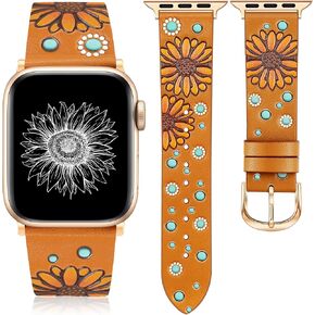 JR.DM Geniuen Leather Band Compatible with Apple Watch Band 41/40/38/42mm Women, Boho Western Embossed Floral Designer Leather Strap for iWatch Series 10 9 8 7 6 5 4 3 2 1 SE Ultra/2, Orange