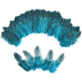 THARAHT Spotted Feathers 120pcs 2-3inch Small Natural Bulk Guinea Pheasant Feather for Crafts Hats Dream Catcher Decoration Feathers,Aqua Blue