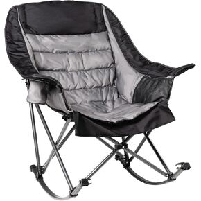Oversized Rocking Camping Chair for Adults - 400lbs Capacity Padded Camp Chair with Cup Holder, Portable Foldable Outdoor Rocker Chair for Camping, Backyard, Patio (Blue & Gray)