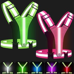 LED Reflective Vest Running Gear, 5 Colors Lights Up Running Vest for Night Walking Cycling, Adjustable Size for Men Women Kids, Rechargeable and Lightweight (2, Green+Pink)