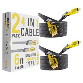 【2025 Upgraded 2.0】 2-Pack 4-in-1 USB C Cable 100W 6FT Lightn-ing Cable Fast Charging [480Mbps] Flat Nylon Braided Charger Cord Combo with Lightn-ing/USB C/USB A Port for iPhone iPad & Most Devices