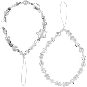 Beaded Camera Wrist Strap, 2 PCS Cute Pearl Phone Charms Strap Aesthetic Y2K Phone Chain Wristlet Cell Phones Lanyard Wrist Strap for Women Keychain Decoration for Wallet Camera