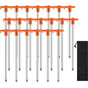 20 Pack Tent Stakes Heavy Duty, 9.6 Inch Camping Stakes, Non-Rust Metal Tent Pegs, Ground Stakes Yard Stakes with Drawstring Bag for Camping Backyards Outdoor Picnic (Orange)
