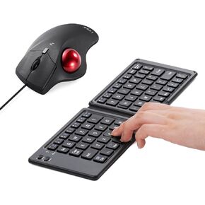 SANWA Foldable Bluetooth Keyboard and Wired Trackball Mouse Set, Rechargeable Portable Folding Keyboard, Programmable Silent Click Rollerball Mice, Compatible with Windows, Mac, Laptop, PC, Tablet
