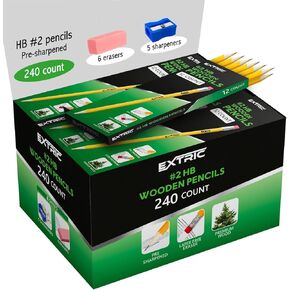 EXTRIC Wood-cased HB #2 Pencils, Pre-Sharpened, 20 Packs of 12-Count yellow Pencils, Bulk Pack 240 Count, for Classroom, Teacher Supplies