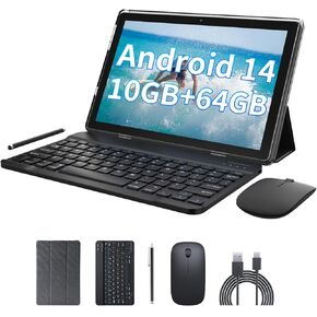 2 in 1 10GB+64GB Tablet 10.1 inch Android 14 Tablet Set Tablets with Keyboard Case wireless Mouse Stylus Screen Flim 10.1 IN 1280*800 HD Touch Screen 8MP Dual Camera Games Tab Wi-Fi BT Tableta PC