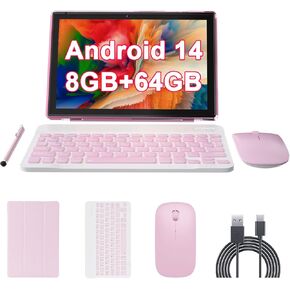 10 inch Android 14 Tablet with Keyboard, 2 in 1 Tablets Set Include Case Mouse Stylus, 8GB RAM+64GB ROM, Quad Core 10.1'' Tab, 6000mAh Battery, 8MP Dual Camera, Google GMS Certification Tableta