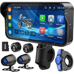 Motorcycle Dash Cam, Motorcycle Carplay/Android Auto, Motorbike TPMS GPS Navigation System, 6.25" IP67 Waterproof Touchscreen, Remote Control, Loop Recording, Support Siri, Free 128G SD Card