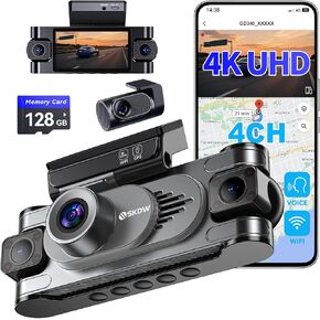 4 Channel Dash Cam 360° View,4K Front Rear Inside Dashcam,Left Right Dash Camera for Cars,Built-in GPS, 5G WiFi,Voice Control,Night Vision, 24/7 Recording Parking Mode Monitor, Free 128G Card
