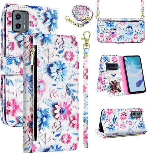 Wallet Case for Motorola Moto G 5G 2023 with Detachable Wrist Strap Shoulder Strap, 9+ Card Slots Zipper Purse, Floral PU Leather Stand Card Holder Cell Phone Cover for G5G G5 Women Men Pink in Kuwait