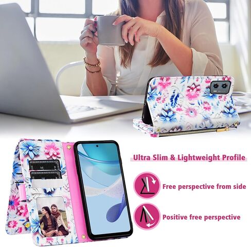 Wallet Case for Motorola Moto G 5G 2023 with Detachable Wrist Strap Shoulder Strap, 9+ Card Slots Zipper Purse, Floral PU Leather Stand Card Holder Cell Phone Cover for G5G G5 Women Men Pink in Kuwait