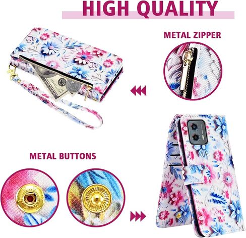 Wallet Case for Motorola Moto G 5G 2023 with Detachable Wrist Strap Shoulder Strap, 9+ Card Slots Zipper Purse, Floral PU Leather Stand Card Holder Cell Phone Cover for G5G G5 Women Men Pink in Kuwait