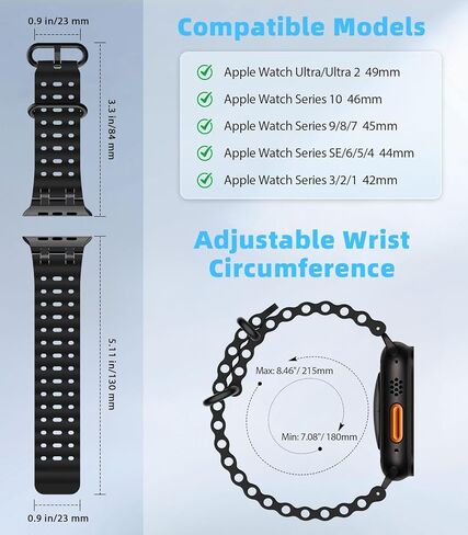 Moko ترقية Silicone Ocean Band - Ultra 2/Ultra Sports Band مع موصل معدني ، حزام قابل للتنفس متوافق مع Apple Watch 49mm ، 46 مم ، 45 مم ، 44 ملم ، 42 مم للرجال النساء in Kuwait