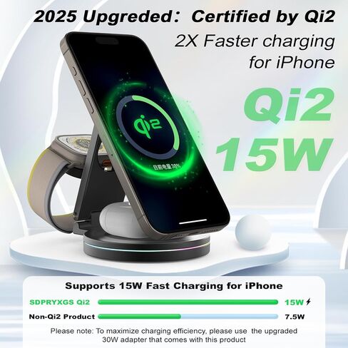 2025 Upgraded Qi2 Foldable Rotatable Zinc Alloy 3 in 1 Magnetic Wireless Charging Station, Compatible with Apple iPhone 12~16,Smartwatch,AirPods.30W Adapter & Case Included(Black) in Saudi Arabia
